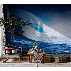 Surf Wave Wallpaper Peel and Stick Mural. Blue Ocean Waves Wall Mural. Surfer Wall Art. Seaside, Beach Theme, Beach House Decor. #6670