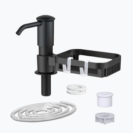 Countertop Soap Dispenser with Storage Basket, Built-in Design, ABS Pump Head, Extension Tube Kit, for Kitchen and Bathroom Sink (Black)