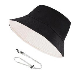 WANTUSHUI Bucket Hat Men's Fishing Hat Women Fishing Hat Men Cotton Foldable Fishing Hat Women UV Protection Sun Hat Fishing Hat Men Unisex Bucket Hat with Wind Protection Rope (Black + White)