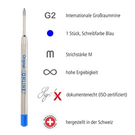 ONLINE Schreibgeräte ballpen refill international king-size blue, G2 format line width M, (SWISS MADE), suitable for: Parker, Pelikan, Faber-Castell etc, durable, standard biro refills