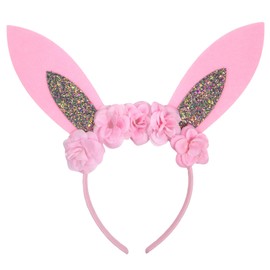 Needzo Glitter Easter Bunny Ears Headband, Pink Flower Details, Festive Costume Hair Accessory, One Size Fits Most