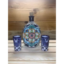 Pueblo Viejo Ceramics Ceramic Stoneware 3 Pc Floral Pattern Liquor Tequila Set Decanter Shot Glasses - Set 3