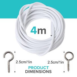 Net Curtain Wire 4m White Hanging Cord Cable set with 8 Pairs Hooks and Eyes, Customized to Fit for Multi-Purpose Window, Voile, Shower Curtains