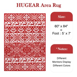 HUGEAR Christmas Vintage Area Rug 5x7 Living Room Rug Machine Washable Rugs Low Pile Carpet Indoor Door Mat Red/White Non-Slip Retro Carpet for Bedroom Kitchen Entryway Bathroom