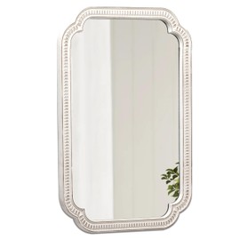 Sintosin Rustic White Mirrors for Bathroom 24" X 36", Hanging Distressed Finish Carved Wood Scalloped Wall Mirror, Decorative Arched Corner Vintage Mirror, Boho Rectangular Mirrors for Entryway