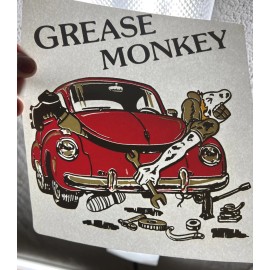 Vintage Grease Monkey Cartoon Graphic Iron On Heat Transfer shirt 1980’s VW Bug