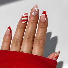French Tip Press on Nails Christmas Press on Nails Medium Almond Fake Nails with Snowflake Designs Santa's Hat Acrylic False Nails for Women Girls Red White Stripe Stick on Nails 24Pcs Manicure Art