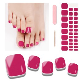 Wekcekcek Semi Cured Gel Toenail Strips, 32 Rose Red Gel Toenail Stickers - Works with Any Nail Lamps Gel Pedicure Strips Full Nail Wraps with Nail File & Wood Stick