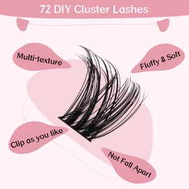 Pack of 72 Individual Eyelashes, Cluster Eyelashes, Eyelash Clusters, DIY Eyelash Extensions, Super-Thin Band, Reusable, Soft & Comfortable (Tender-C-14 mm)
