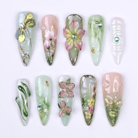 Press On Nails Dragonfly with Pink Flower 3D Nature Fake Nails in Long Almond Handmade Spring Nail Art for Holiday Vacation Birthday Glossy Finish:_Short Oval_S