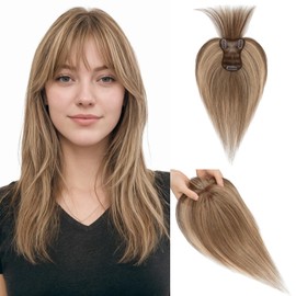 Hairro 100% Human Hair Toppers with Bangs, 360° Cover 3D Clips on Thin Hairpieces for Women, 3.15"x4.33" Silk Base Lightweight for Covering Greyish Hair on Top, 11 Inch Medium Brown Mix Dark Blonde