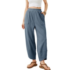 Xiaoxuemeng Womens Baggy Wide Leg Pants Casual Elastic Waisted Palazzo Harem Pants with Pockets (Dustyblue-L)