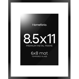 Homeforia 8.5 x 11 Black Picture Frame, High-End Metal 8.5 x 11 Frame with 6x8 Mat, Black 8.5 by 11 Frame for Wall or Tabletop, Poster Frame 11x8.5 for Photo Display, Tempered Glass, Wall Hook Included, Set of 1