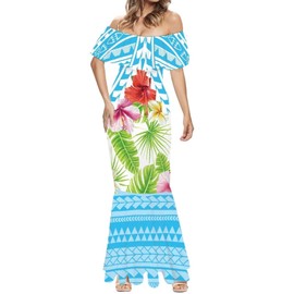Guosanchn Polynesian Dresses for Women Hawaiian Outfits Hibiscus Off Shoulder Maxi Dresses Ladies Elegant Bodycon Tank Dresses Casual Beach Dresses Ladies Cocktail Dresses XL