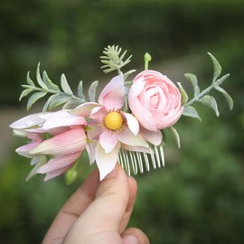 Fangsen Silver Boho Wedding Hair Accessories Rose Hair Comb Floral Festival Barrette Prom Girl Headpiece (Pink)