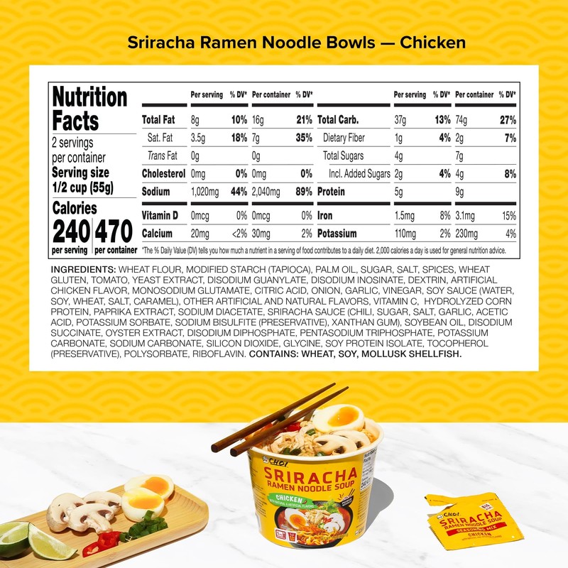 CHOI Sriracha Ramen Noodle Soup, Chicken Flavored - Microwavable Bowl,