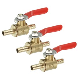 sourcing map 1/4" Mini Ball Valve, Brass Shut-Off Valve Switch Hose Barb Pipe Tube Fittings 90 Degree Red Operation Handle, Brass Valve, 3 Pcs