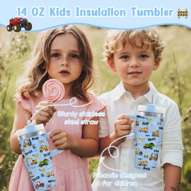 14 oz Trucks Tumbler with Handle and Straw for Kids, Insulated Stainless Steel Travel Mug for Toddlers Boys, Vacuum Leak Proof Reusable Tumbler, Keep Cold Heat and Ice, Gifts for Boys