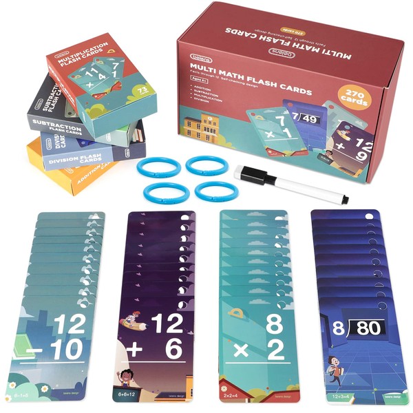 beiens Multi Math Flash Cards, 270 Addition, Subtraction, Multiplication, Division Cards, All Facts 0-12 with 1 Erase Pen 4 Rings, Math Games Set for Kids Age 6+ 3rd 4th 5th 6th Grade