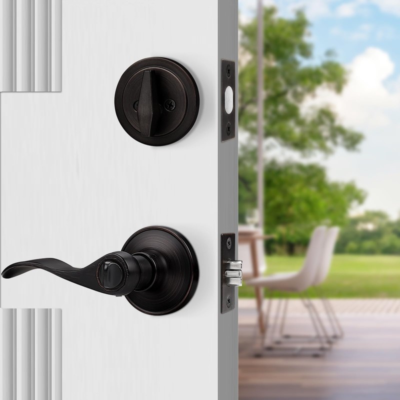 Probrico Oil Rubbed Bronze Entry Lever and Deabolt Set, Keyed