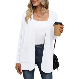 Yommay Cardigan for Women Loose Casual Lightweight Ladies Long Sleeve V-Neck Knitted Sweaters with Pockets,White,Small