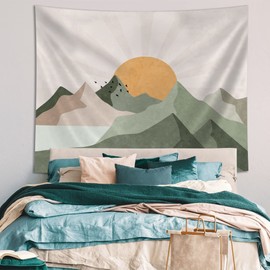 SUOTEMEIFEI Sage Green Mountain Sun Boho Tapestry,Simple Art Sunrise Nature Tapestry Sunset Landscape Abstract Aesthetic Wall Bedroom Living Room Decor College Dorm Wall Hanging