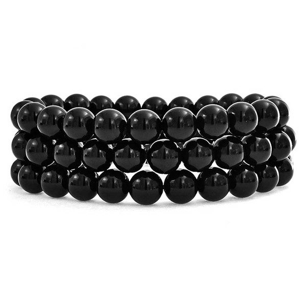 Conjunto 3 Onyx Cordón Redondo 8Mm Estiramiento Pulsera Juego Mujer