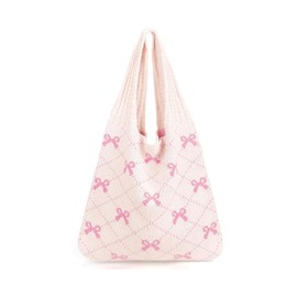 scalingscal Beige Crochet Bag with Pink Bows, Lightweight Knitted Tote Bag, Women's Knitted Love Crochet Bag, Knitted Bag, Handbag, Women's Knitted Bag, for Work, Travel, School and Shopping, pink