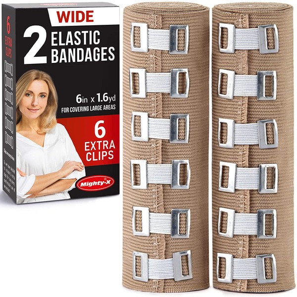 Premium Elastic Bandage Wrap - 2 Pack + 6 Extra Clips - Wide (6 inch) Compression Bandage - Stretches up to 15ft in Length