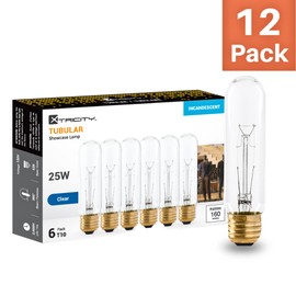 Xtricity 25 Watt T10 Clear Tubular Incandescent Light Bulb, Showcase Lamp, 2700K Soft White, E26 Medium Base, 160 Lumens, 120V, (12 Pack)