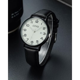 CIVO Mens Watches Black Leather: Strap Analogue Quartz Wrist Watches for Men with Date Luminous - Stylish Gents Watch Easy to Read for Teenager Boys Student Gifts