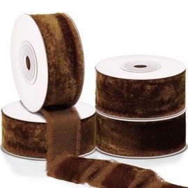 Preboun 4 Rolls Silk Velvet Ribbon for Gift Wrapping 24 Yards Total Frayed Edge Velvet Ribbon for Christmas Wedding DIY Crafts Wreaths X-Mas Tree Decor(Orange Copper,1 Inch)