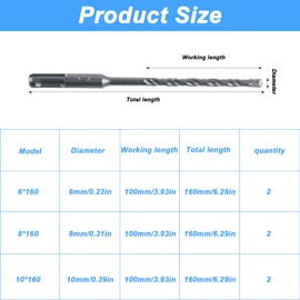 6-Piece SDS Plus Hammer Drill Bit Set, 10mm/8mm/6mm x 160mm Masonry Bits for Brick, Concrete & Stone Drilling with Alloy Tips