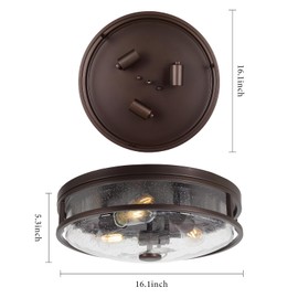 Rosient 16 Inch Large Flush Mount Ceiling Light Fixture with Seeded Glass, Bronze Round Ceiling Lamp Shade, Modern Farmhouse Indoor Outdoor Ceiling Lighting for Kitchen Dining Living Room Foyer