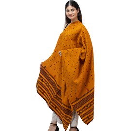 Exotic India Shawl from Kutch with Woven Border and Embroidered Mirrors - Color Dark Cheddar