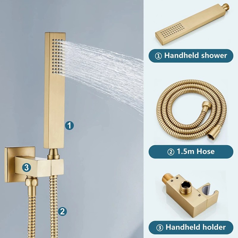 BWE Brushed Gold Shower Faucet System 12" Rain Combo Head