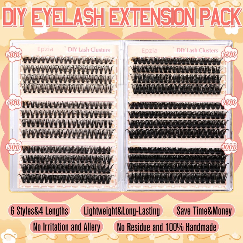 Epzia Eyelash Extension Kit - 476PCS D-Curly Lash Clusters (30D+40D+50D+60D+80D+100D)