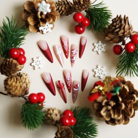24Pcs Christmas Press on Nails Long Almond False Nails with Snowflake Candy Bow Cane Designs Acrylic Stick on Nails Red Sparkly French Tips Artificial Nails for Women Xmas Winter Nail Decorations