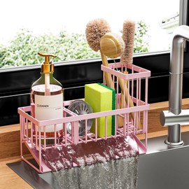 Cisily Pink Kitchen Sink Caddy Organzier with High Brush Holder, Sponge Holder for Sink, 304 Rustproof Stainless, Kitchen Countertop Soap Dispenser Organizer