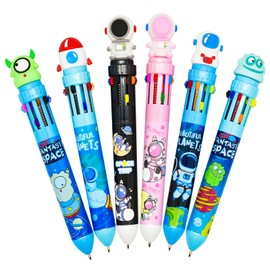 Maydahui 12 Pcs 10-in-1 Multicolor Outer Space Retractable Ballpoint Pen 10 Colors Cartoon Spaceman Alien Rocket Astronaut Pens 0.5 mm for Students Teachers Office Supplies Space Theme Party Favor