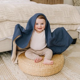 Konssy Muslin Baby Blankets for Girls Boys, 100% Cotton Crib Blanket for Infant Toddler, Super Soft and Lightweight Nursery Swaddling Wrap 40"x36" (Navy Blue)