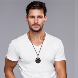 JewelryWe Retro Pocket Watch Men's with Chain, Vintage 24-Hour Dial Analogue Quartz Chain Watch with Roman and Arabic Numerals Unisex Antique Bronze Watch Pendant with Long Necklace, black
