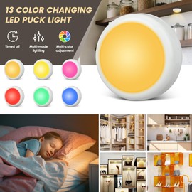 Totahow LED Puck Lights Battery Operated with Remote, 6 Pack 13 Colors Changeable LED Under Cabinet Lights,Stick on Lights with Dimmer and Timer,LED Push Lights Wireless (White, 6)