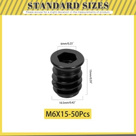 Mardatt 50Pcs M6 x 15mm Threaded Inserts, Black Zinc-Plated Carbon Steel Hex Drive Threaded Inserts Kit, Wood Insert Bolt Furniture Screw in Nut Connector for Wood Furniture