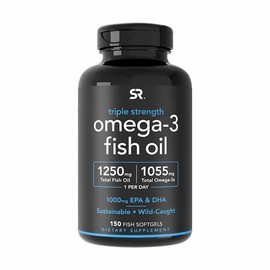 Sports Research Triple Strength Omega 3 Fish Oil - Burpless Fish Oil Supplement w/EPA & DHA Fatty Acids from Wild Caught Fish - Heart, Brain & Immune Support for Men & Women - 1250 mg, 150 ct