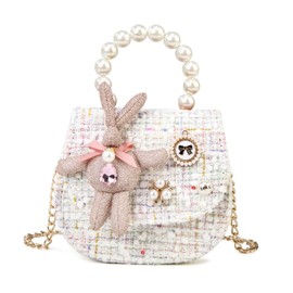 ZWI-player Little Girls Princess Purses Cute Crown Crossbody Bag Handbag with Pearl Handle for Kids Toddler (rabbit-bag-white)
