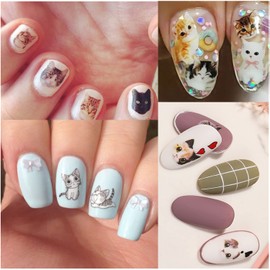 Cartoon Cat Nail Art Stickers, 3D Animal Cat Nail Self-Adhesive Sticker Design, Cute Cat Nail Transfer Decals Acrylic Supplies for Women Girls Manicure Charms Decorations, DIY Resin Nail Decal