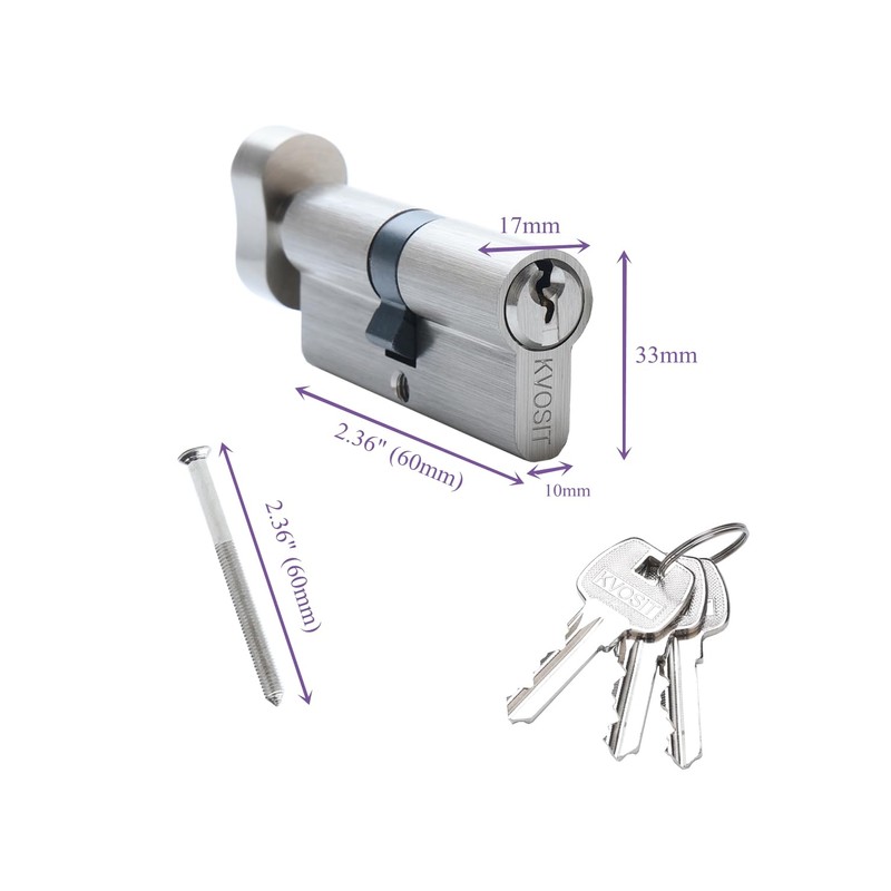 60MM Solid Brass Lock Cylinder with 3 Brass Keys Satin