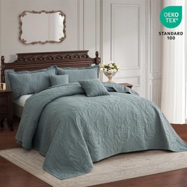 HZ & HY Botanical Oversized King Bedspread, Leaves Pattern Stitching Quilt Set, Elegant & Fresh Style Bedding Cover, Reversible, Lightweight 5 Piece Set, Grey