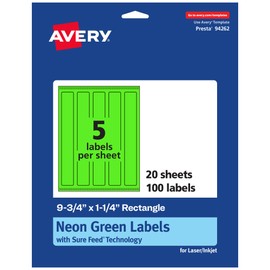 Avery Printable Rectangle Labels, Sure Feed Technology, 9-3/4" x 1-1/4", Neon Green Labels, Print-to-The-Edge, Laser/Inkjet Printable, 100 Total, Great for Candles and Jars